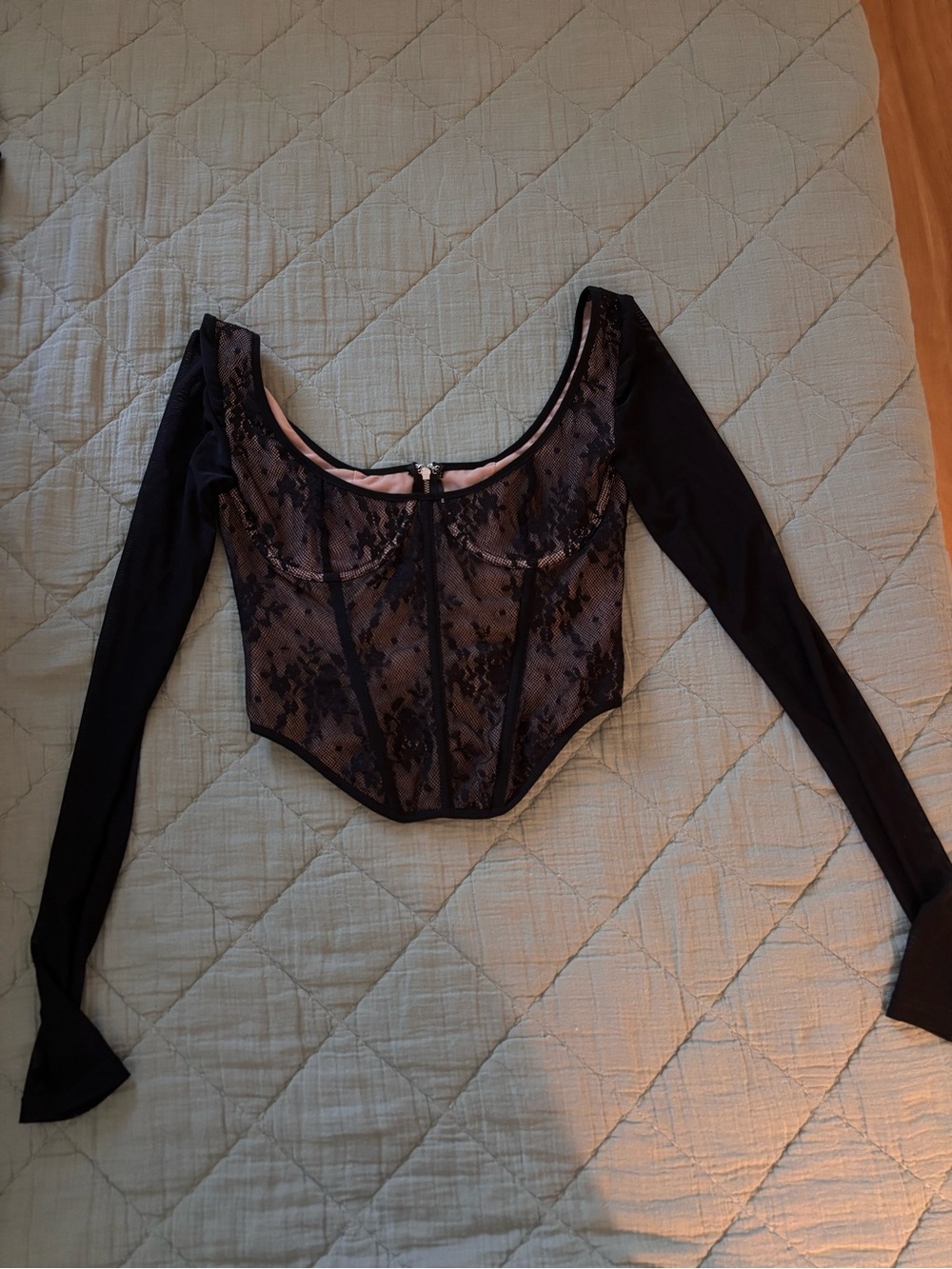 White Fox Black Lace Overlay Long Sleeve Corset Top